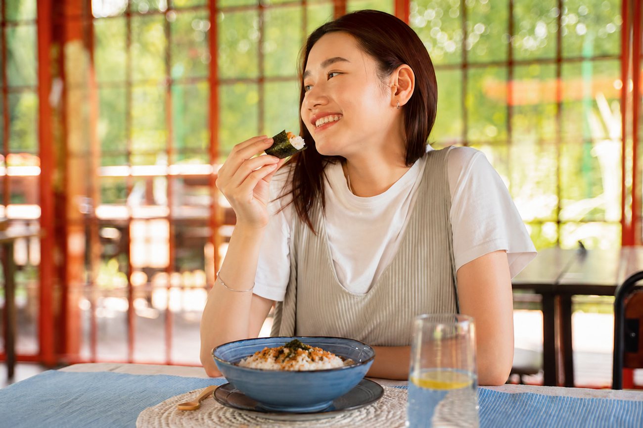 Eating rice wrapped in a sheet of gim