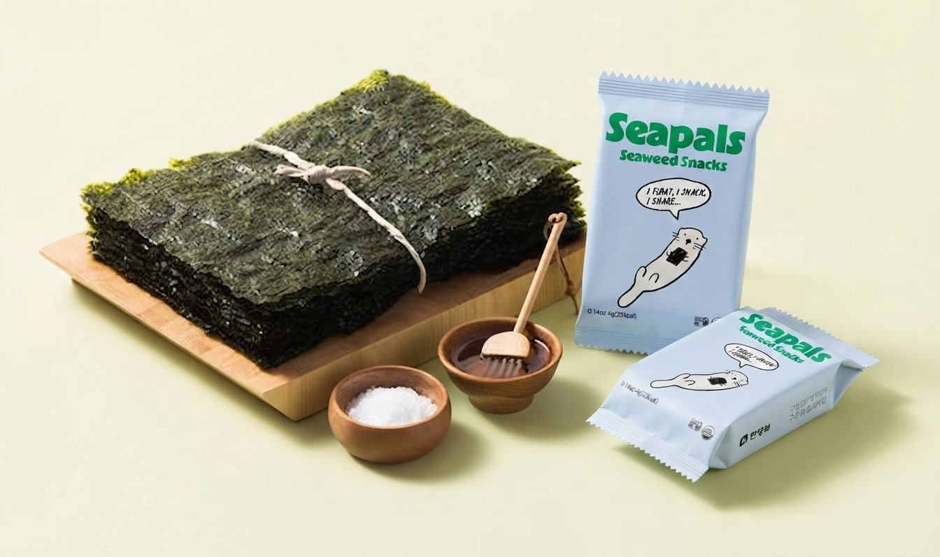 Roasted gim sheets, sea salt and sunflower oil beside two Seapals packs