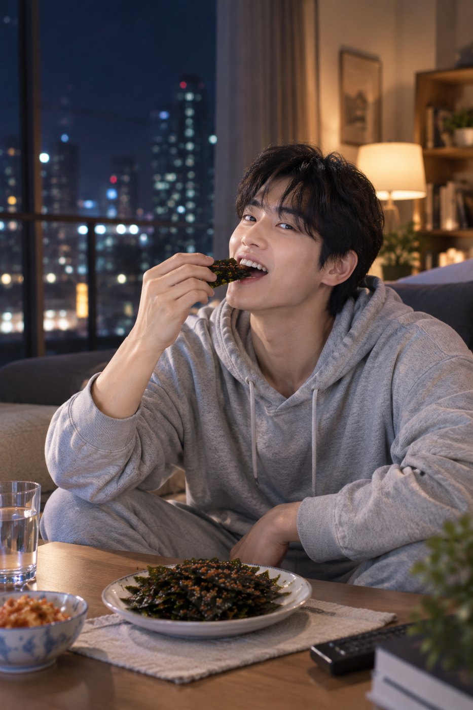 늦은 밤 야식 대신 바른명란김을 먹는 남성