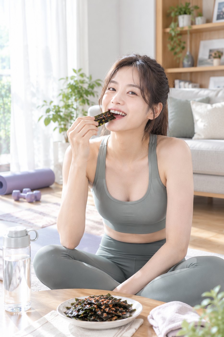 운동 후 바른명란김을 간식으로 먹는 여성